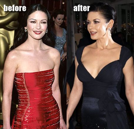 catherine in the 90s awards show in a red strapless gown. right: catherine in a black deep neck gown 